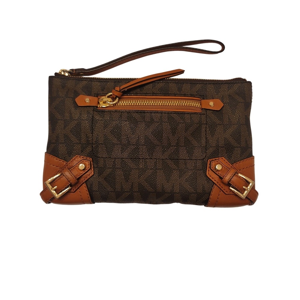 Michael Kors Brown Logo Wristlet Clutch with Tan Leather Trim